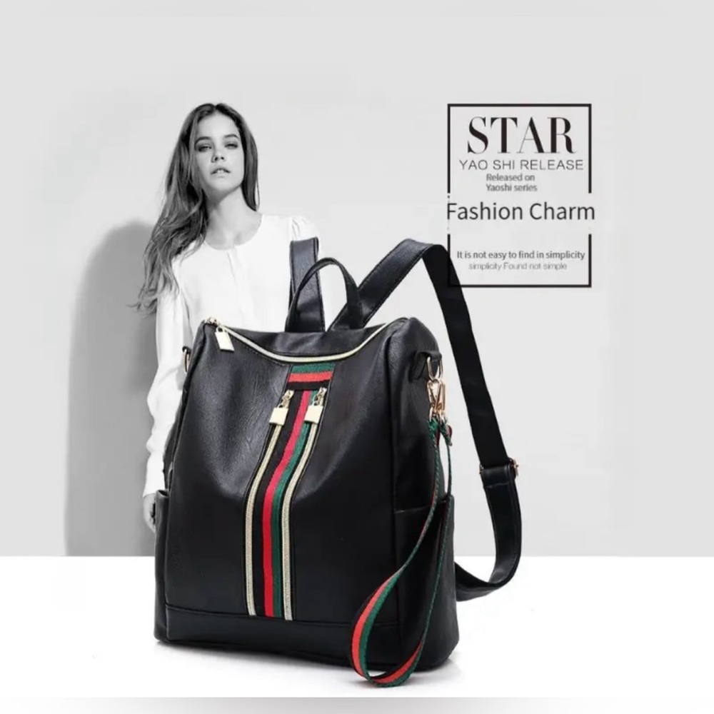 🆕 Large Capacity Backpack - Three Diagonal Stripes Soft Vegan Leather - Trendy - Picture 4 of 6